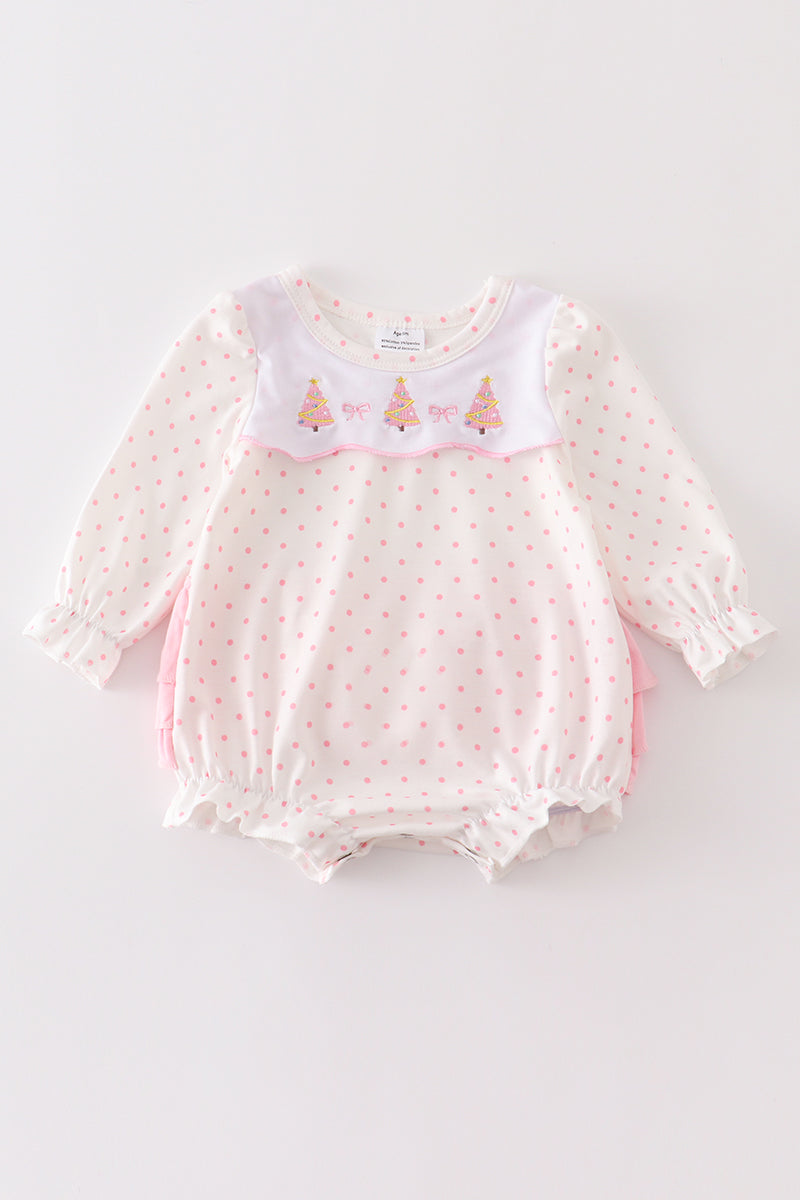 Pink Polka Dot Christmas Tree Ruffle Romper