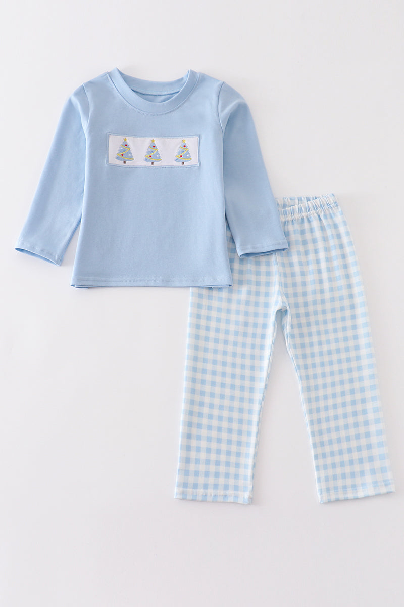 Blue/White Checked Christmas Tree Pant Set