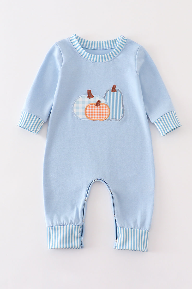 Long Sleeve Blue Pumpkin Applique Boy Romper