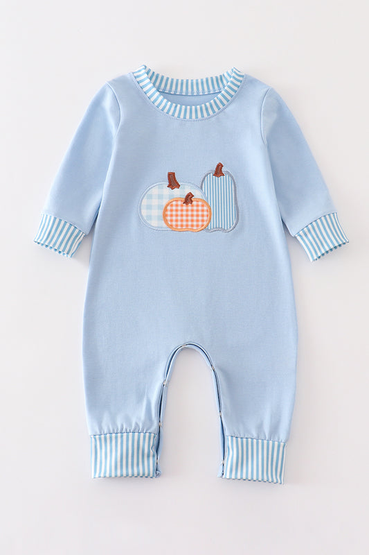 Long Sleeve Blue Pumpkin Applique Boy Romper