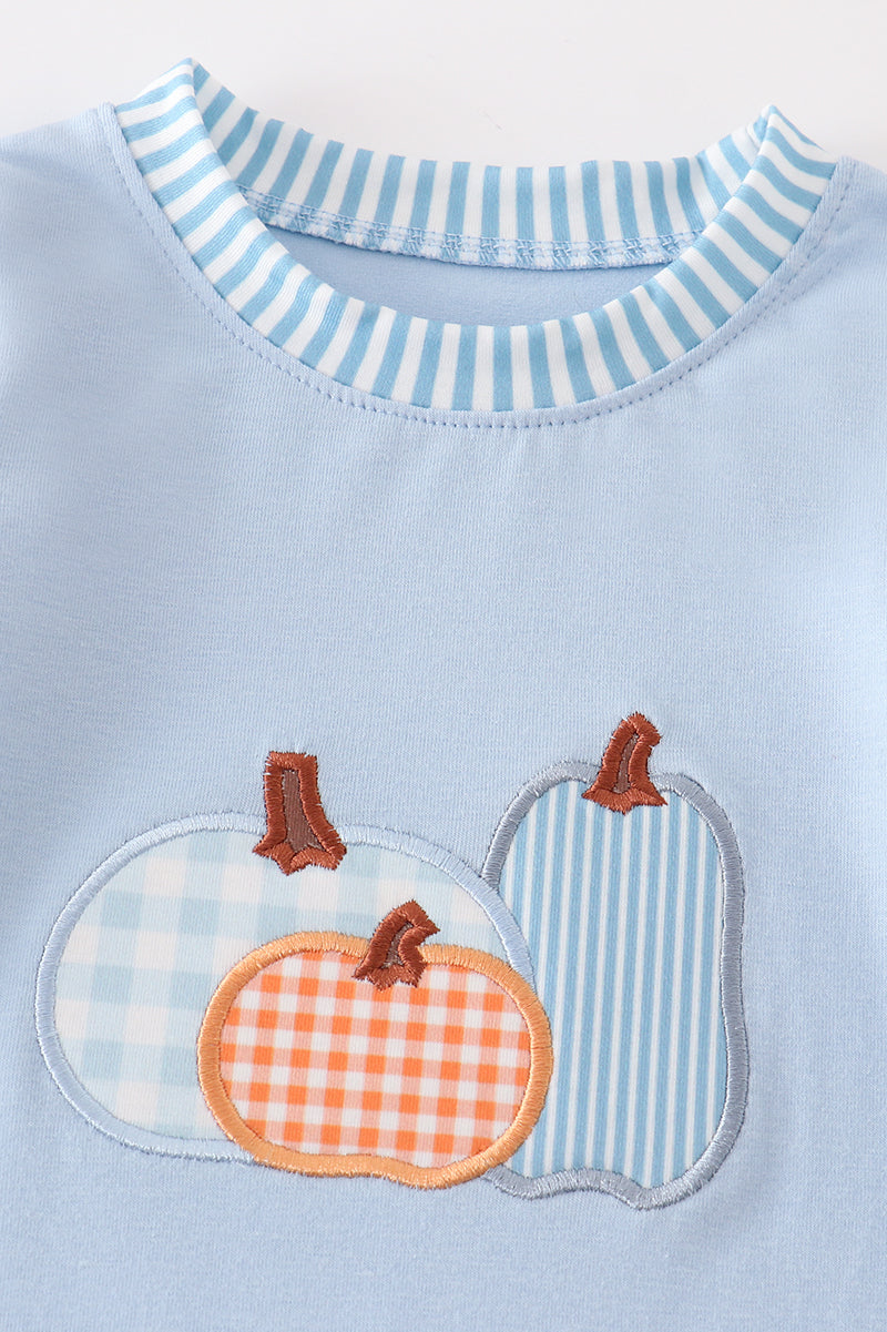 Long Sleeve Blue Pumpkin Applique Boy Romper