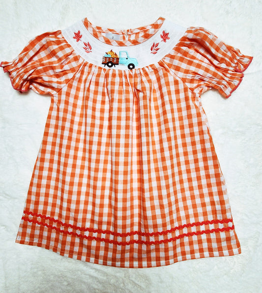 Orange Plaid Pumpkin Truck Smocked Dress