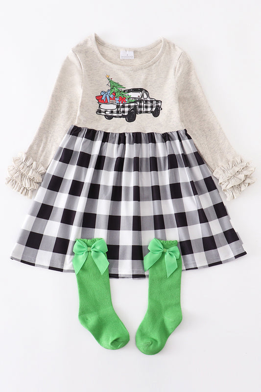 Buffalo Check Christmas Tree Ruffle Dress