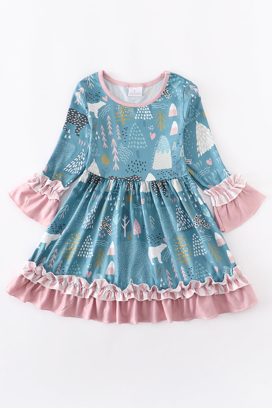 Pink/Teal Christmas Wonderland Ruffle Dress