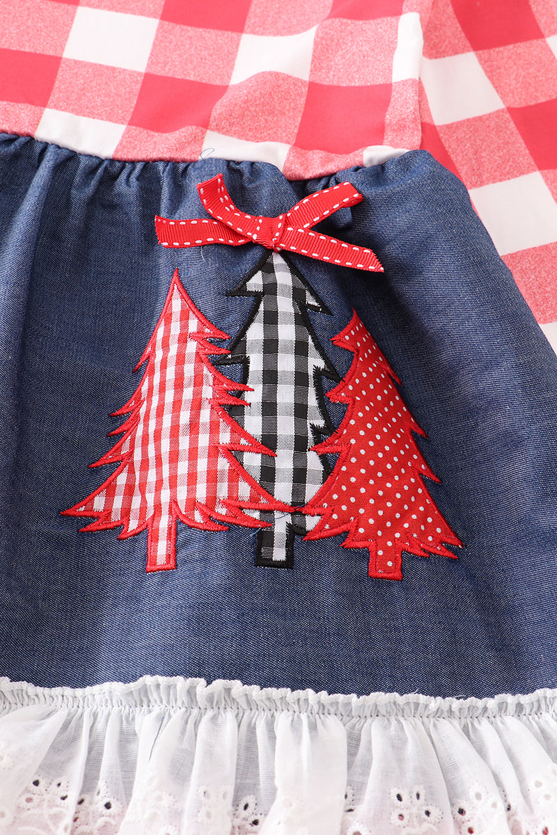 Red Plaid Christmas Tree Dress with Lace Detail