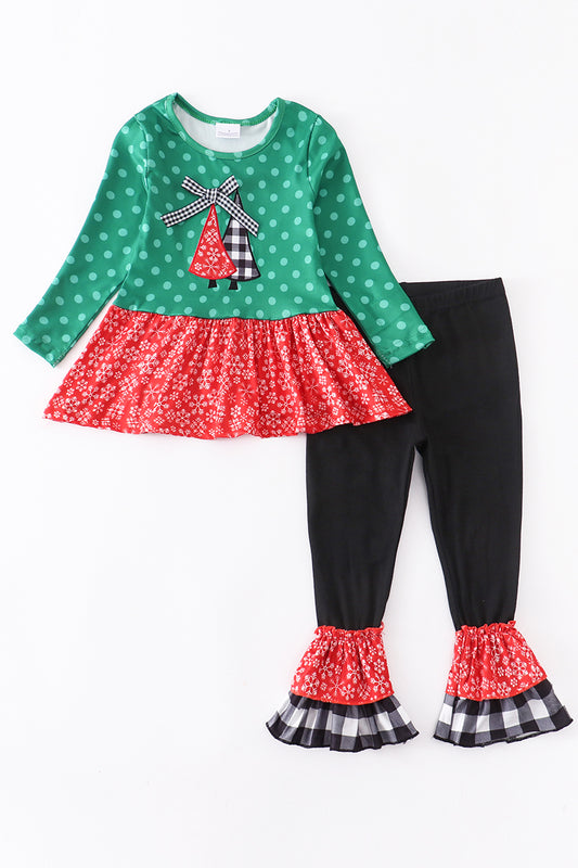 Green Polkadot Christmas Tree Top with Matching Ruffle Pants