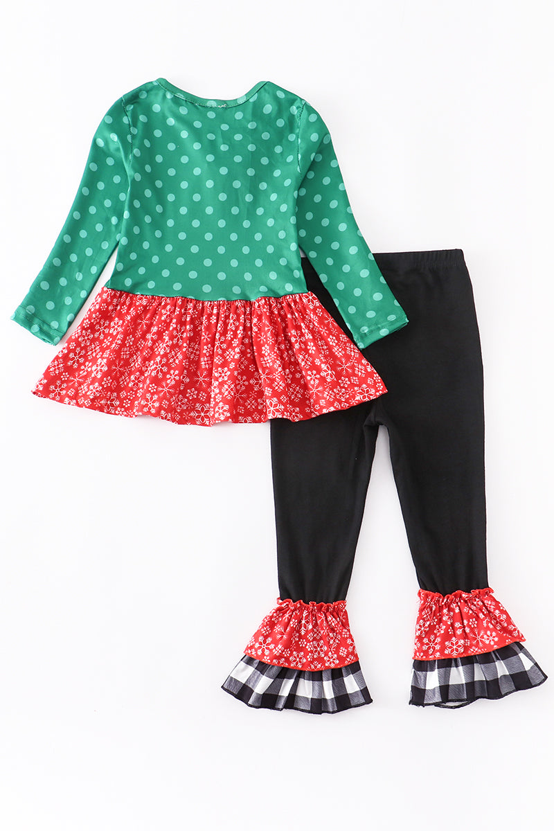 Green Polkadot Christmas Tree Top with Matching Ruffle Pants