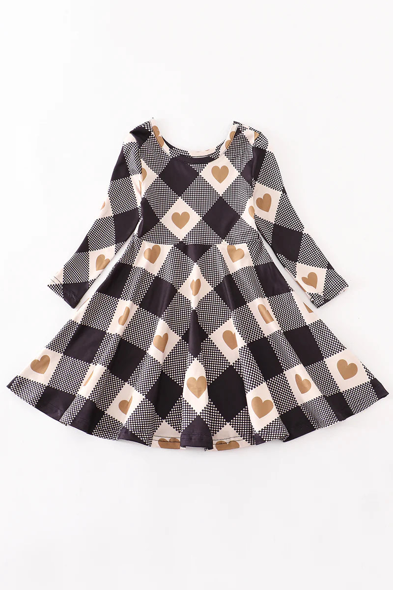 Black/Cream Checkered Twirl Dress with Golden Hearts