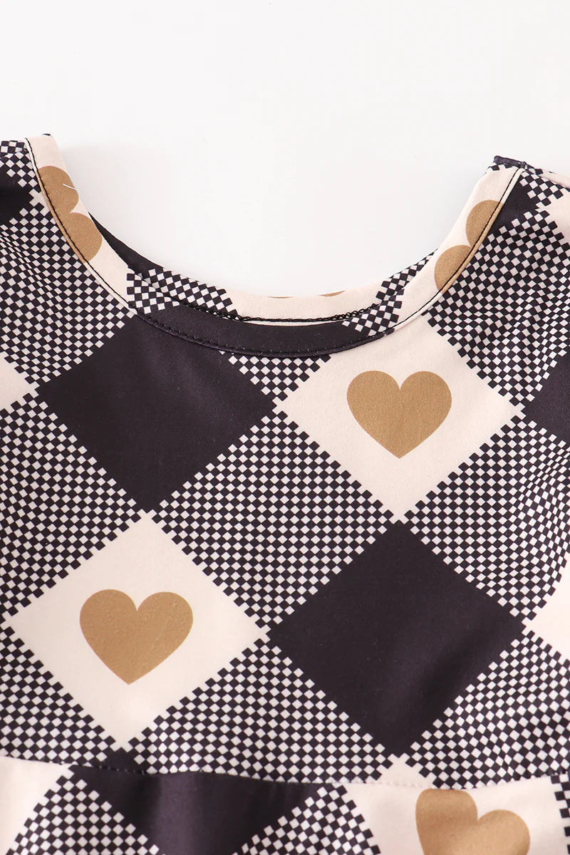 Black/Cream Checkered Twirl Dress with Golden Hearts