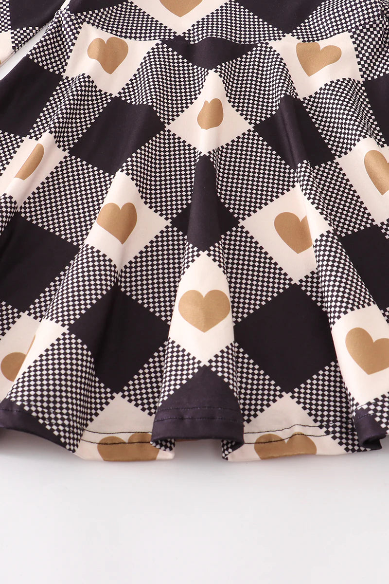 Black/Cream Checkered Twirl Dress with Golden Hearts