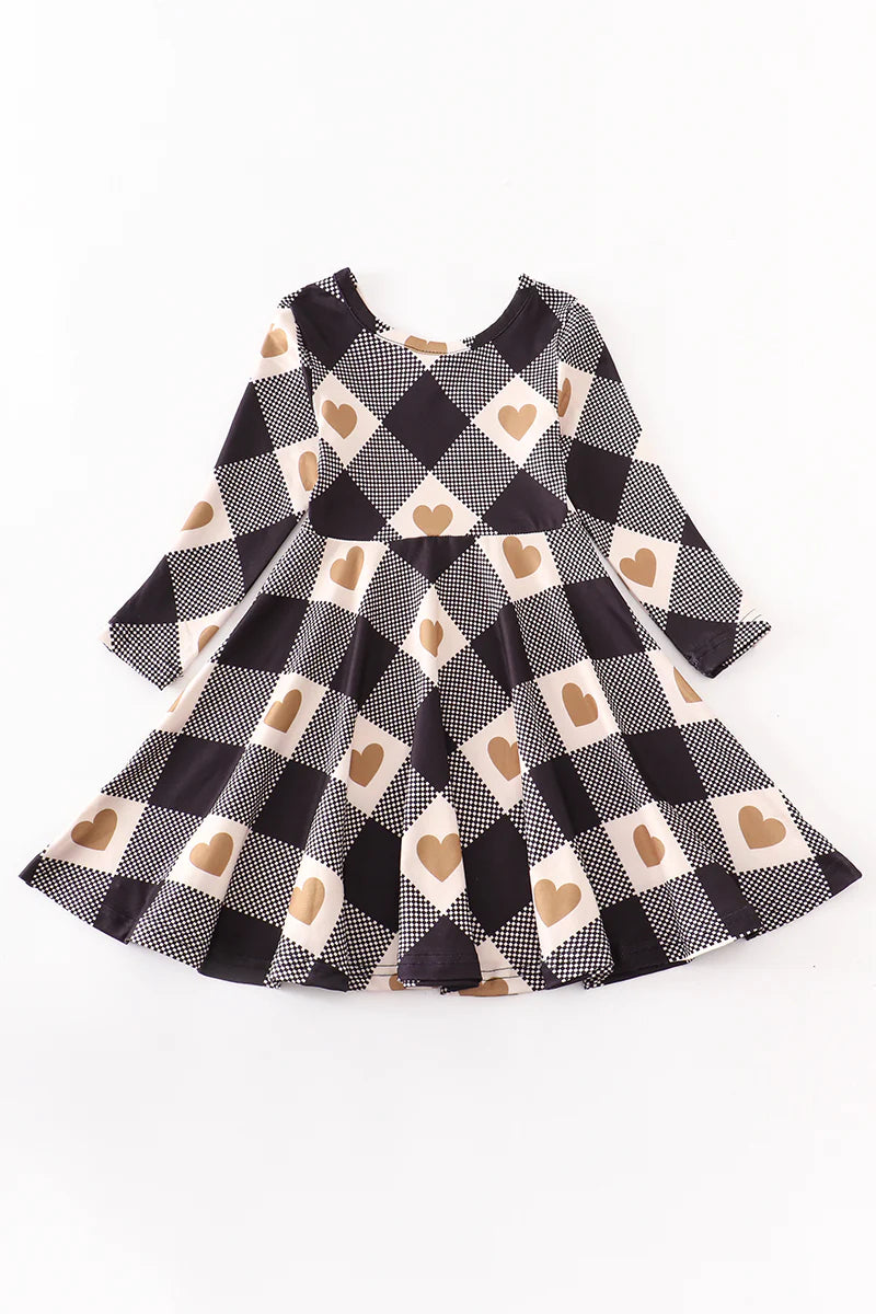 Black/Cream Checkered Twirl Dress with Golden Hearts