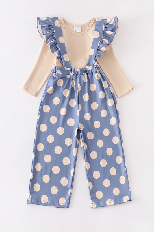 Blue/Tan Polka Dot Ruffle Suspender Set