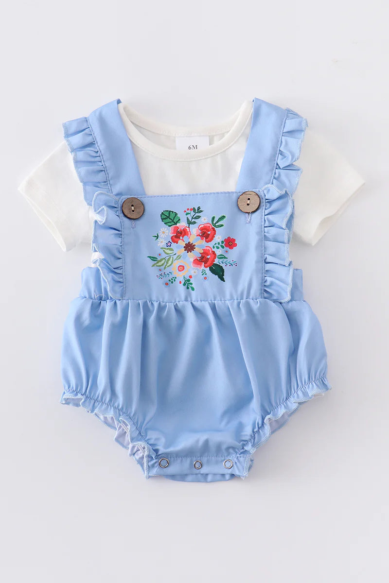 Light Blue Overall Bubble with Floral Applique