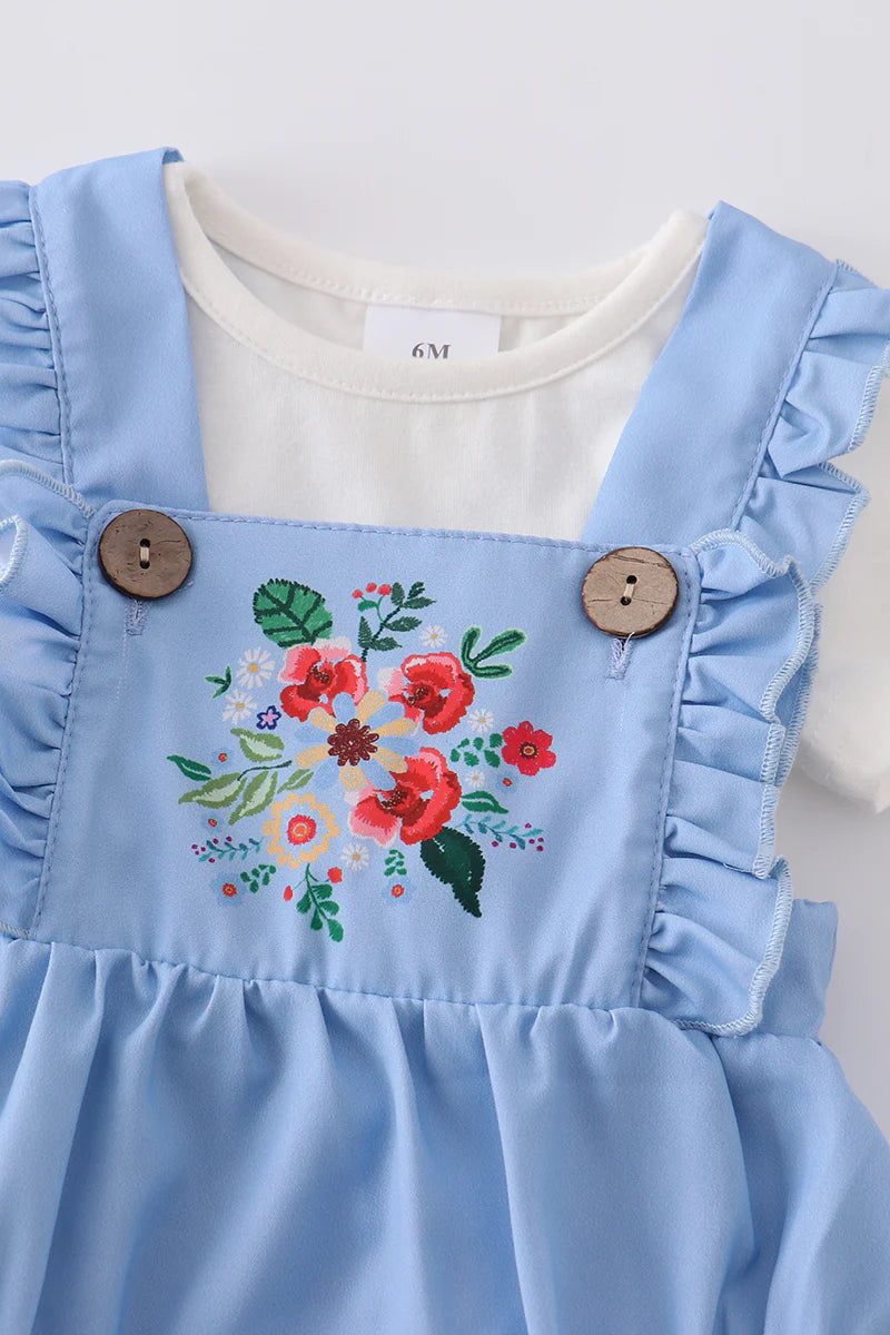 Light Blue Overall Bubble with Floral Applique