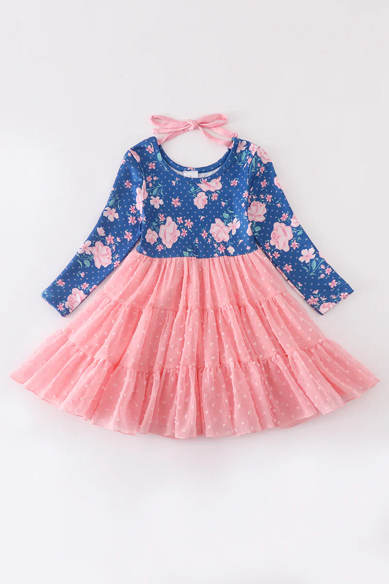 Blue and Pink Floral Tiered Dress