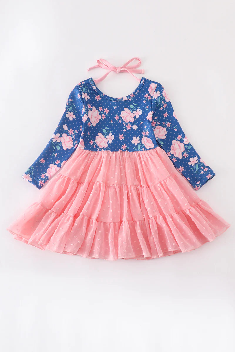 Blue and Pink Floral Tiered Dress