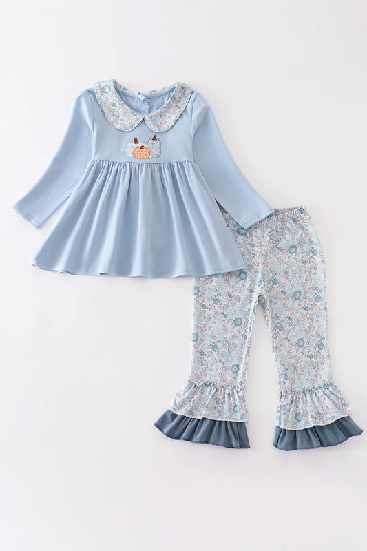 Blue Floral Pumpkin Ruffle Pant Set