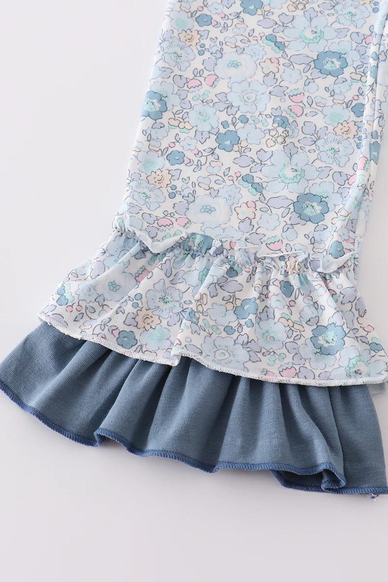 Blue Floral Pumpkin Ruffle Pant Set