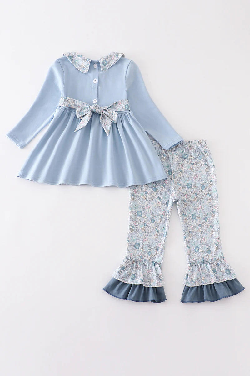 Blue Floral Pumpkin Ruffle Pant Set