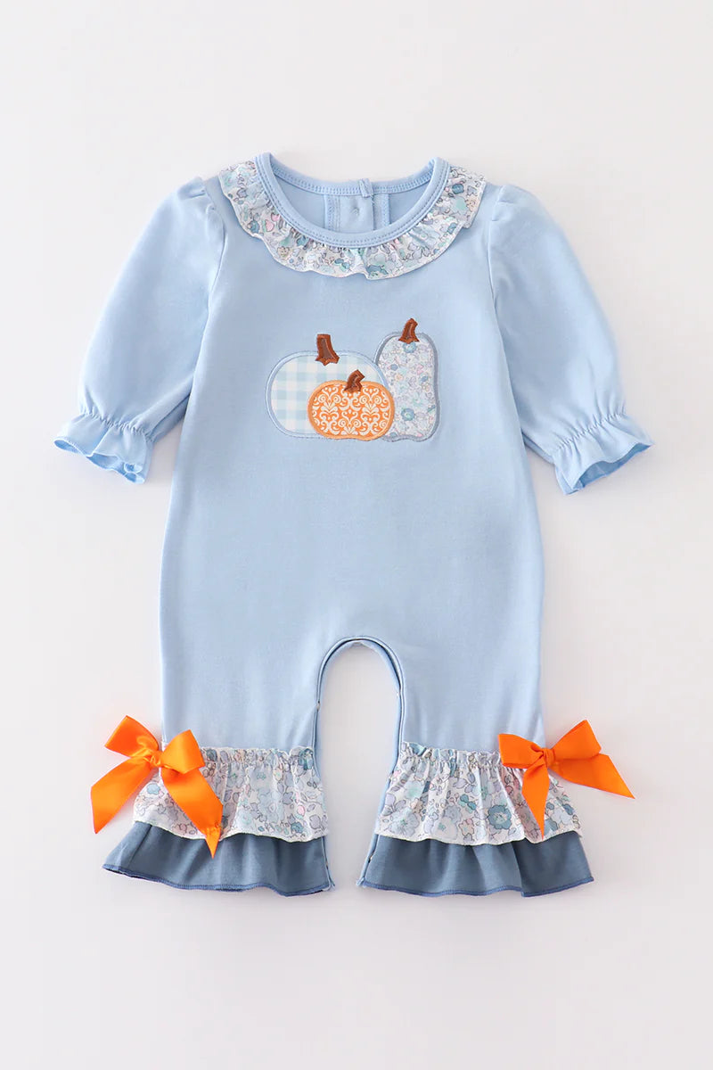 Blue Pumpkin Applique Girl Ruffle Romper