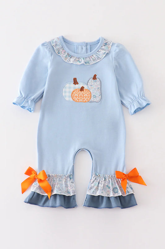 Blue Pumpkin Applique Girl Ruffle Romper