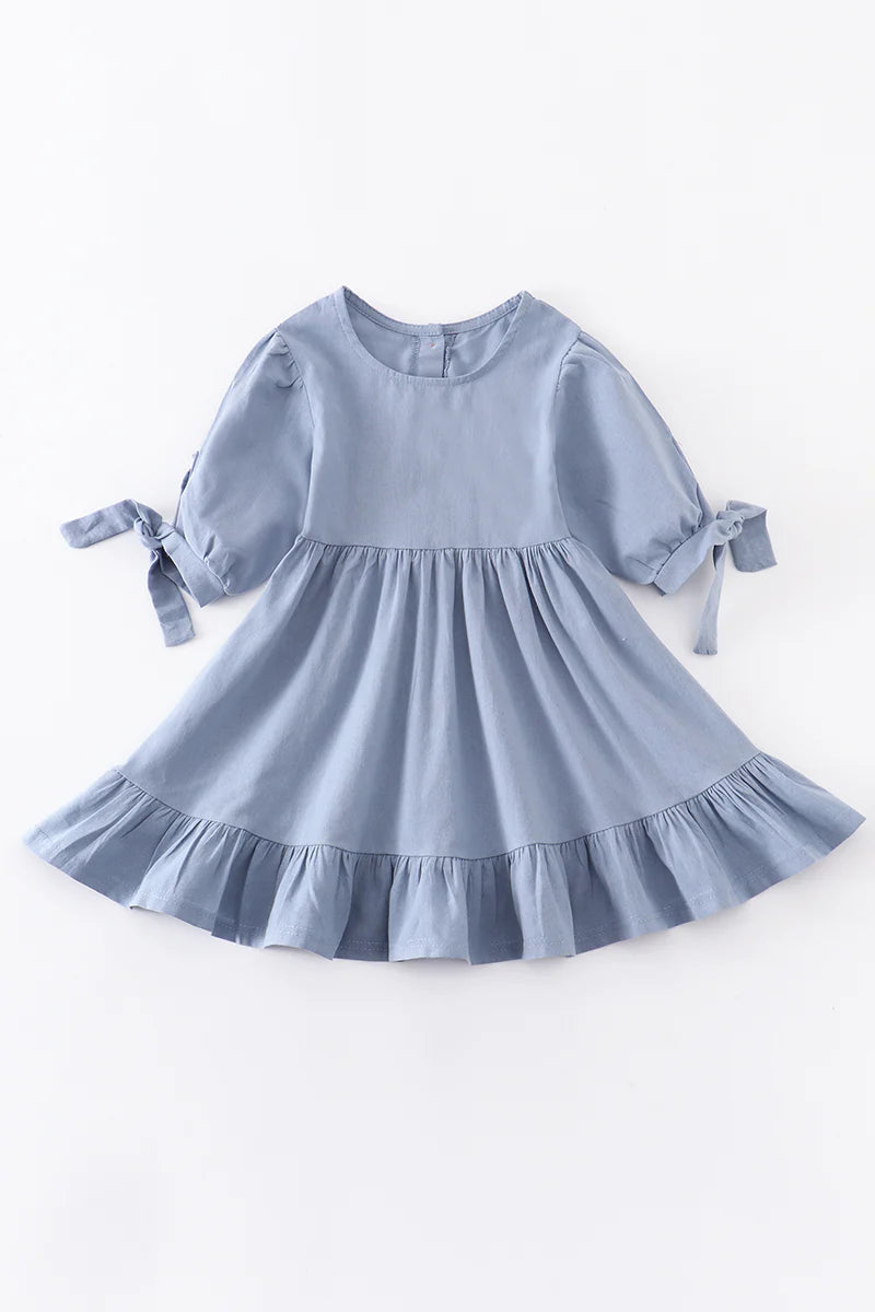 Blue Ruffle Dress with Bow on Sleeve