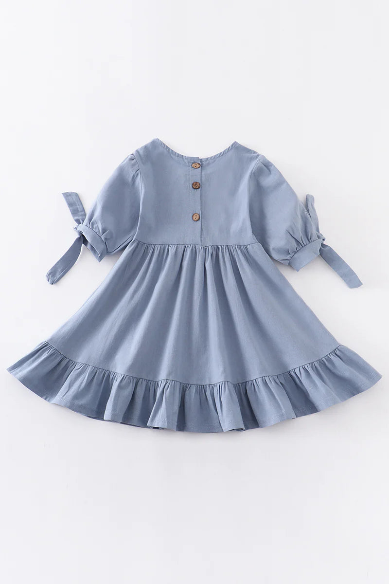 Blue Ruffle Dress with Bow on Sleeve