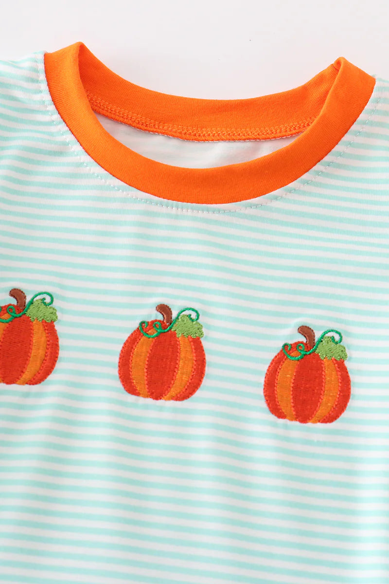 Short Sleeve Striped Embroidered Pumpkin Bubble