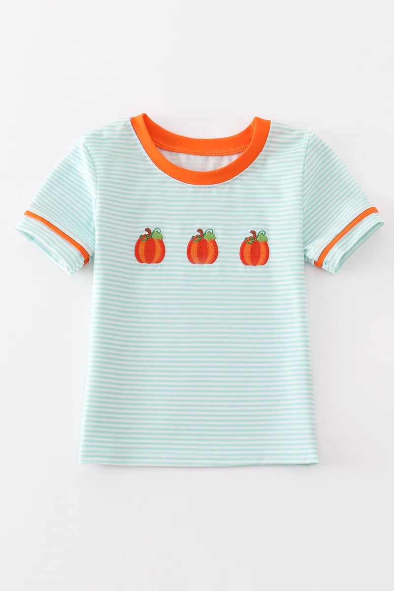 Short Sleeve Striped Pumpkin Embroidery Top