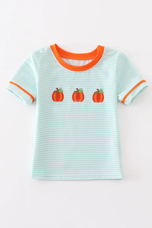 Short Sleeve Striped Pumpkin Embroidery Top