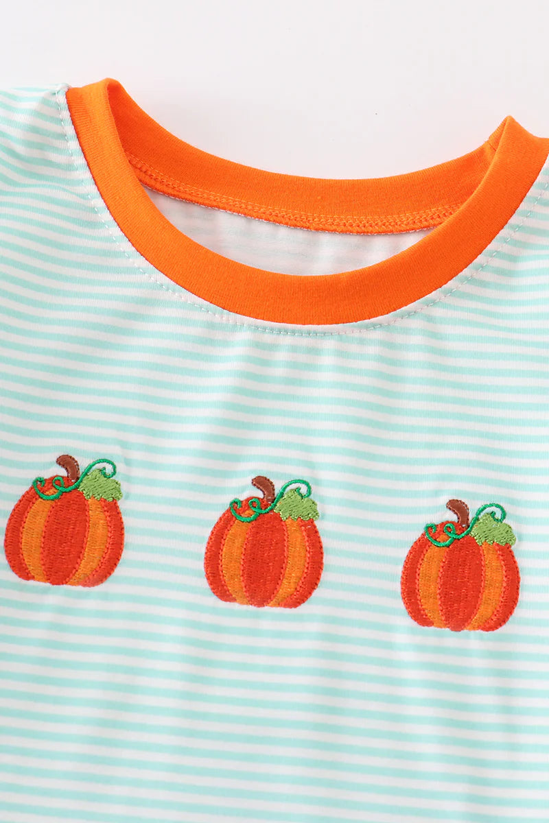 Short Sleeve Striped Pumpkin Embroidery Top