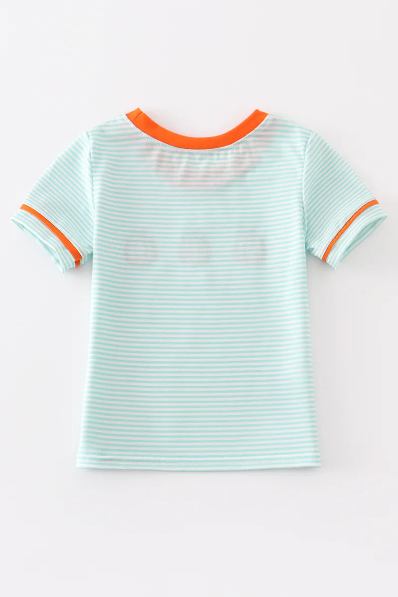 Short Sleeve Striped Pumpkin Embroidery Top