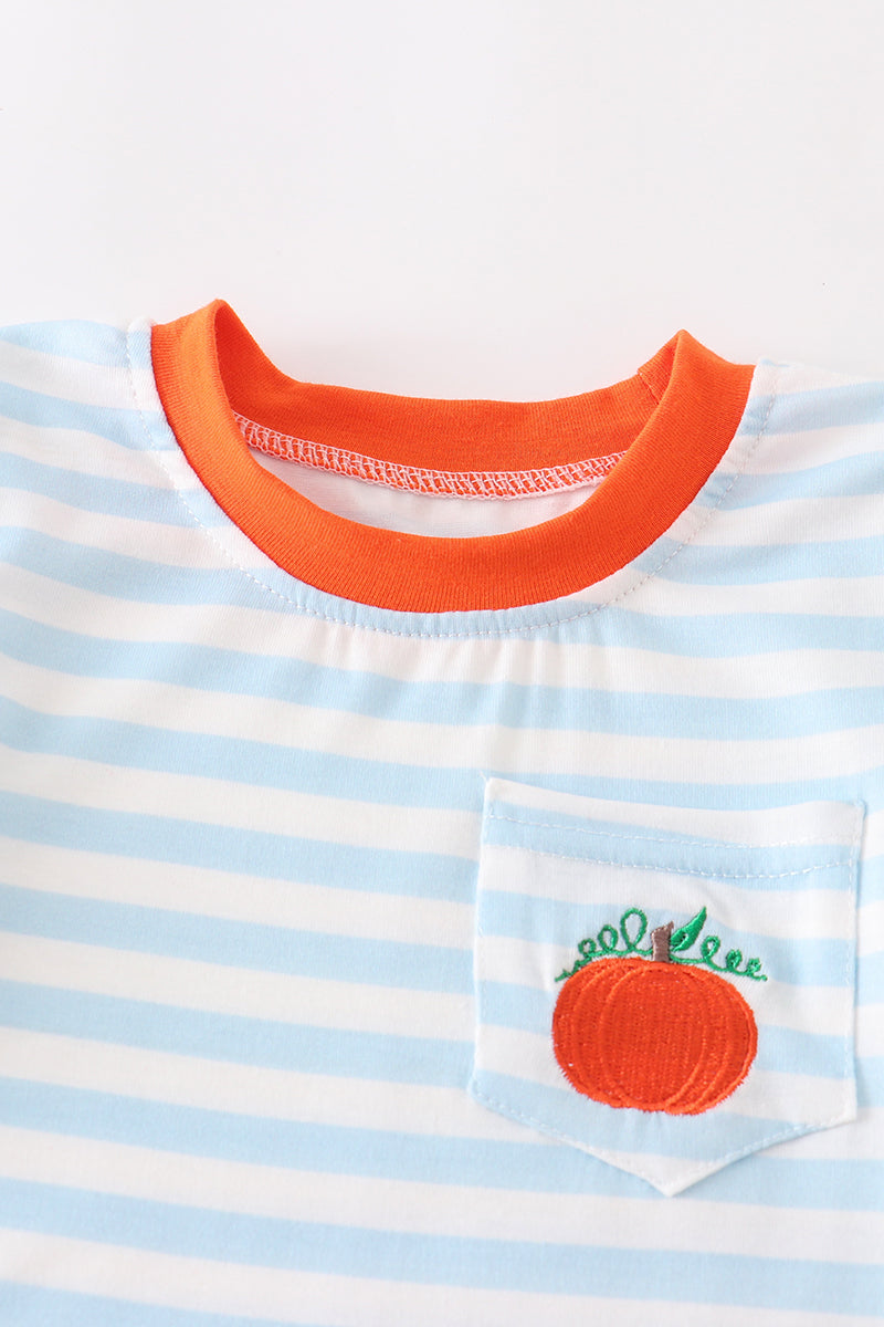 Blue Striped Embroidered Pumpkin Romper