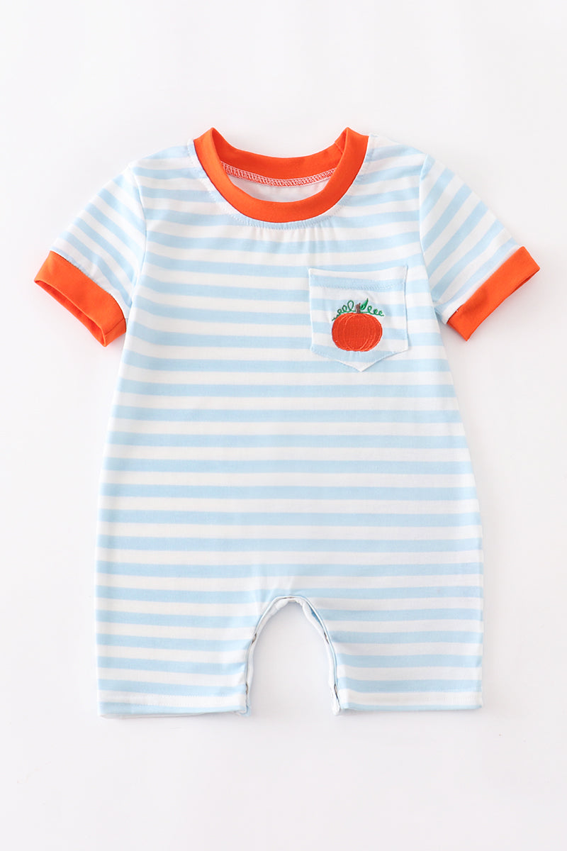 Blue Striped Embroidered Pumpkin Romper