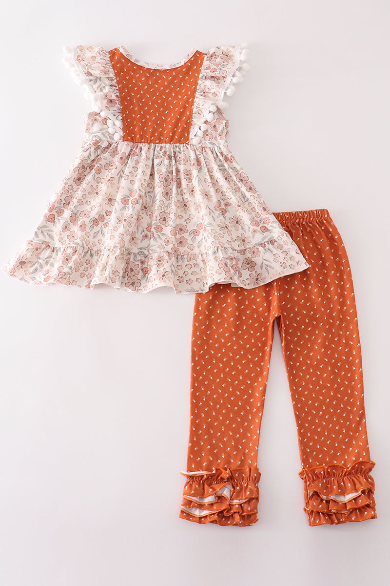 Brown Floral Ruffle Pants Set