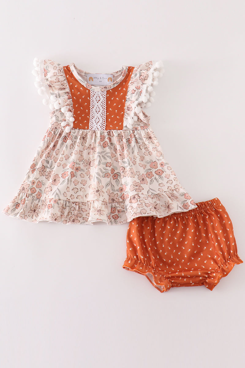 Brown Floral Ruffle Short Set