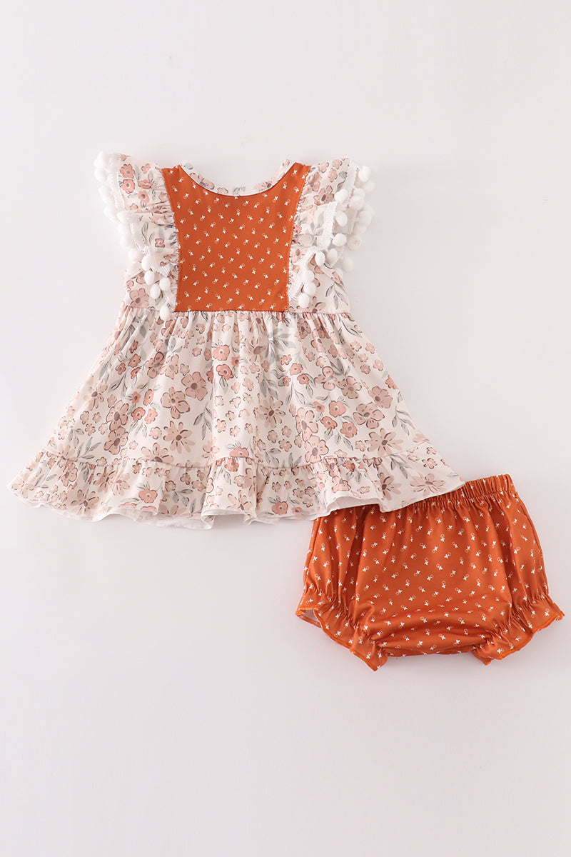 Brown Floral Ruffle Short Set