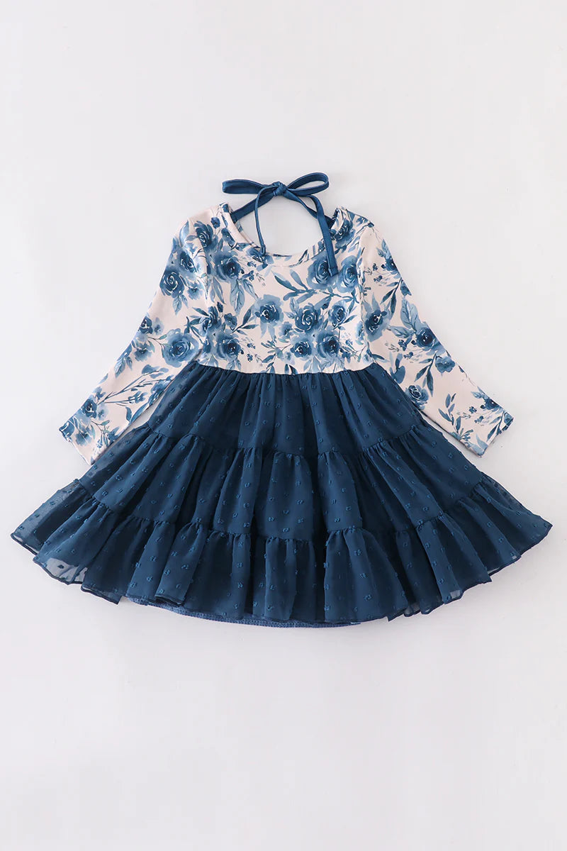 Navy Blue Floral Tiered Dress