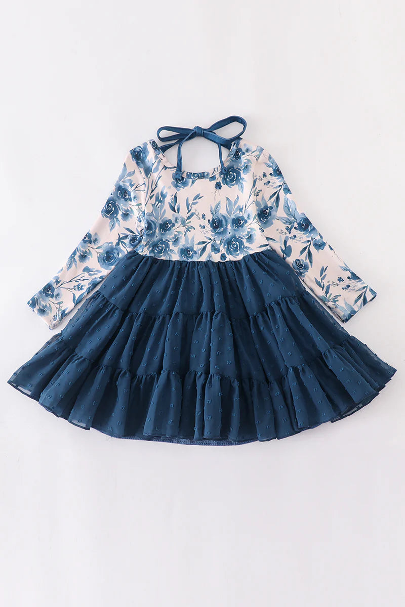 Navy Blue Floral Tiered Dress