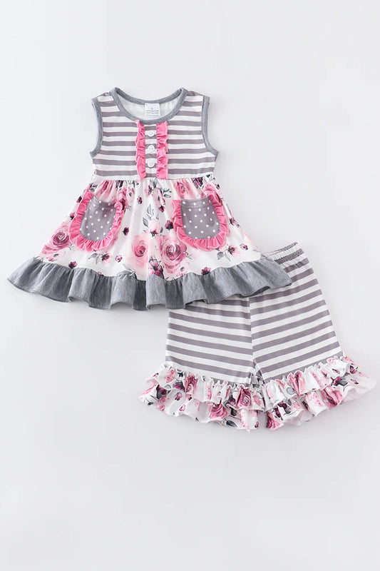 Grey Stripe Floral Ruffle Short Set