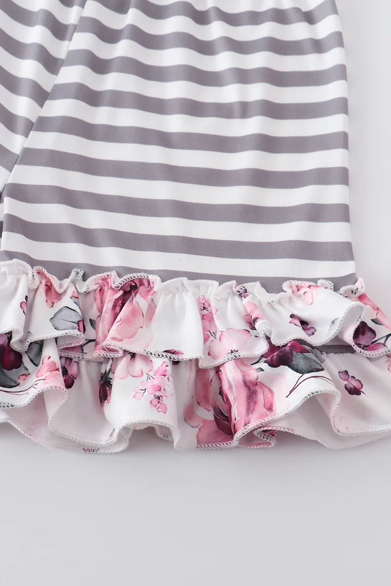 Grey Stripe Floral Ruffle Short Set