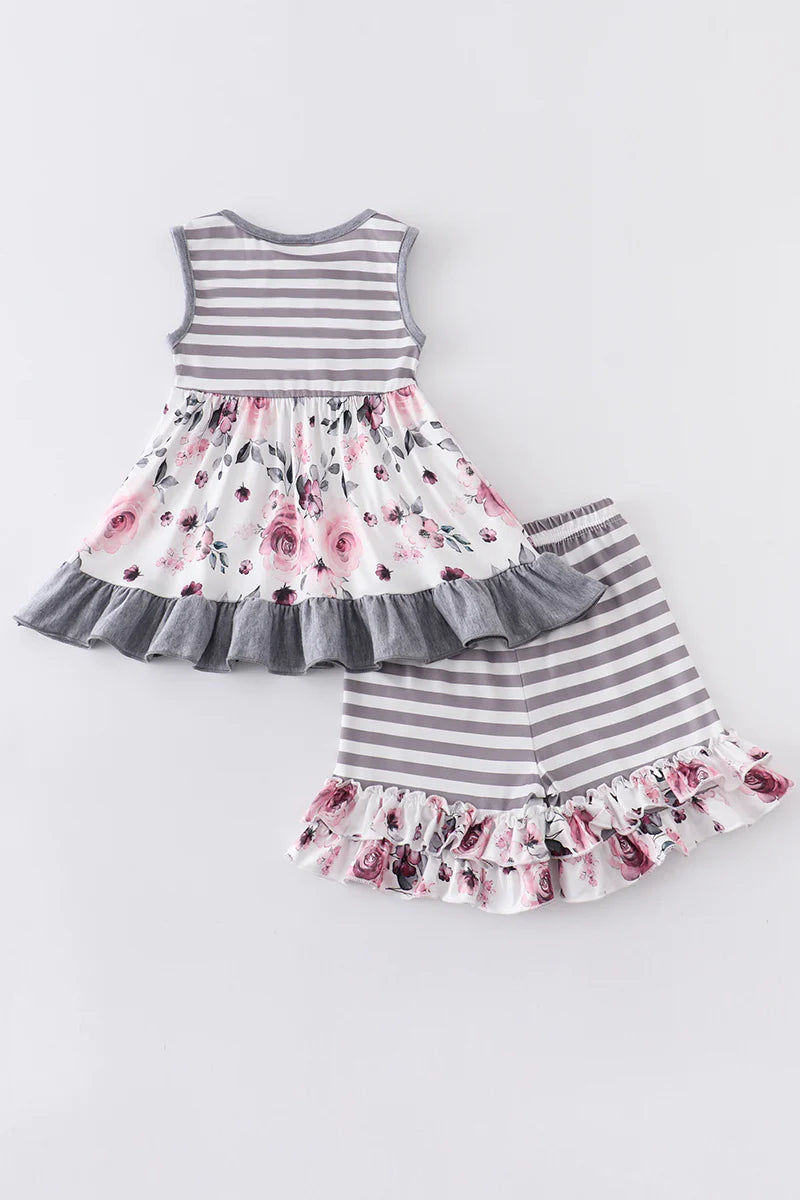 Grey Stripe Floral Ruffle Short Set