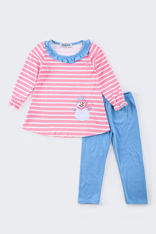 Pink/White Striped Snowman Pants Set