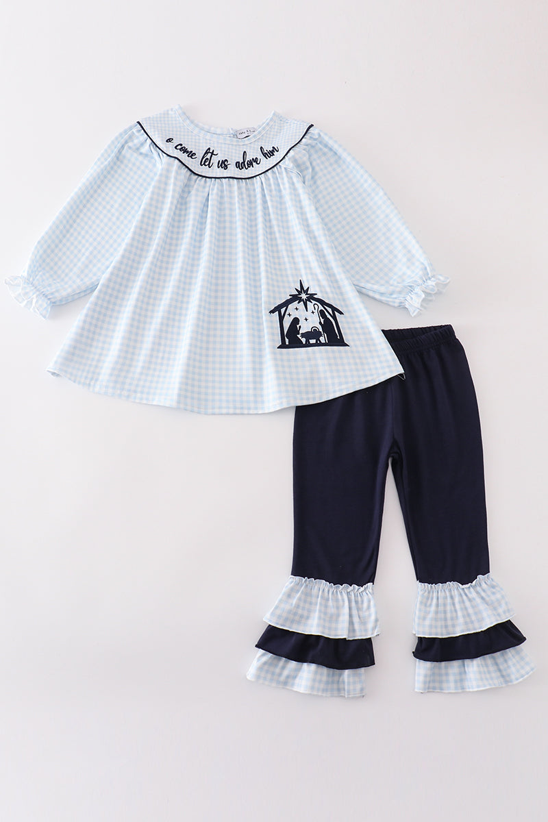 Navy Nativity Come Let Us Adore Him Ruffle Pant Set