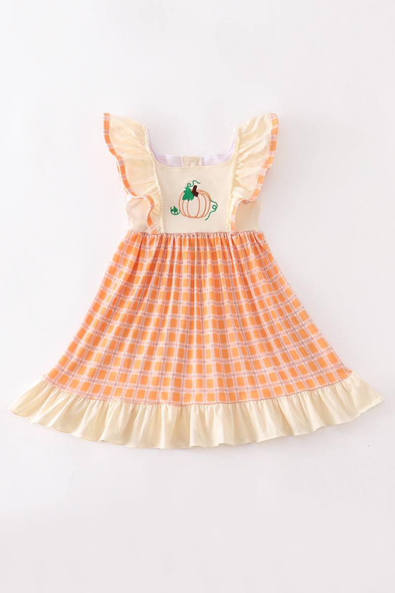 Orange Plaid Pumpkin Ruffle Dress