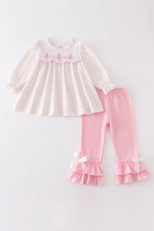 Pink Polka Dot Christmas Tree Ruffle Pant Set