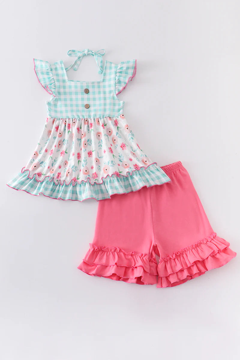 Pink and Teal Floral Ruffle Short Set