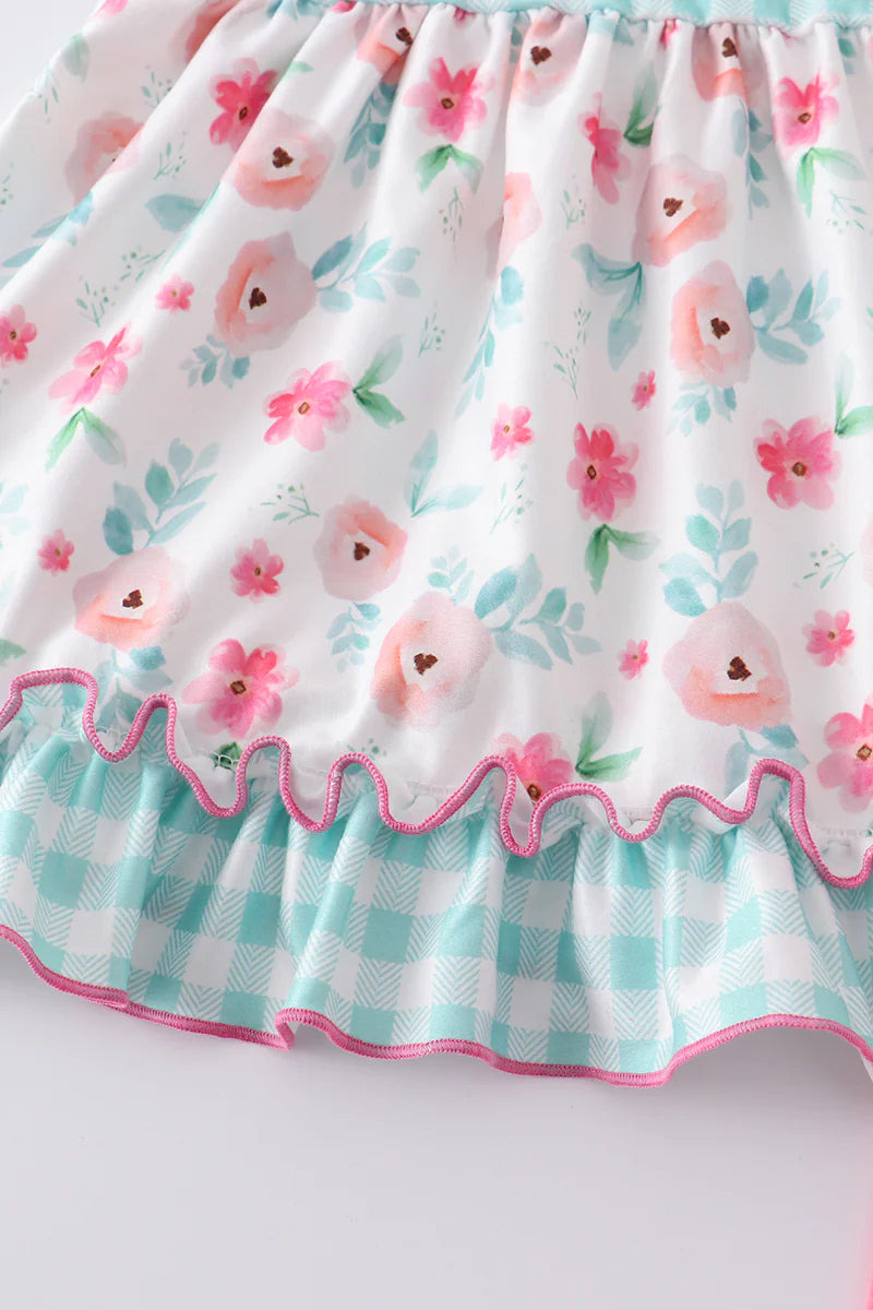 Pink and Teal Floral Ruffle Short Set