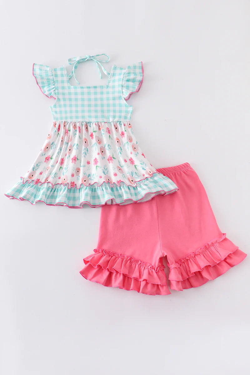 Pink and Teal Floral Ruffle Short Set