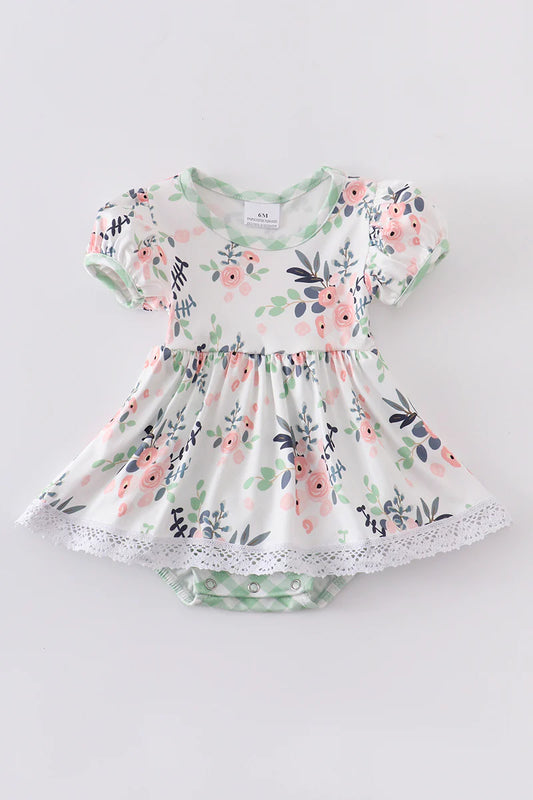 Pink/Green Floral Romper with Lace Detail